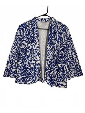 Chico's Women's Jacket Large Chico's Size 2 Blue White Crochet Inspired Cotton